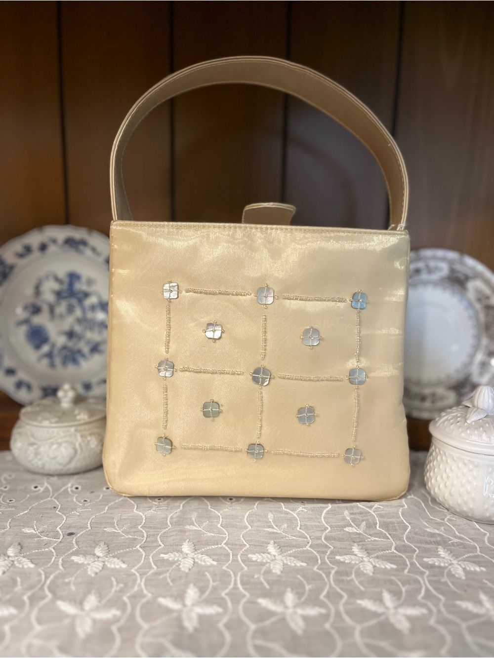 Victoria's Secret Cream Satin Mini Top-Handle Bag with Silver Accents